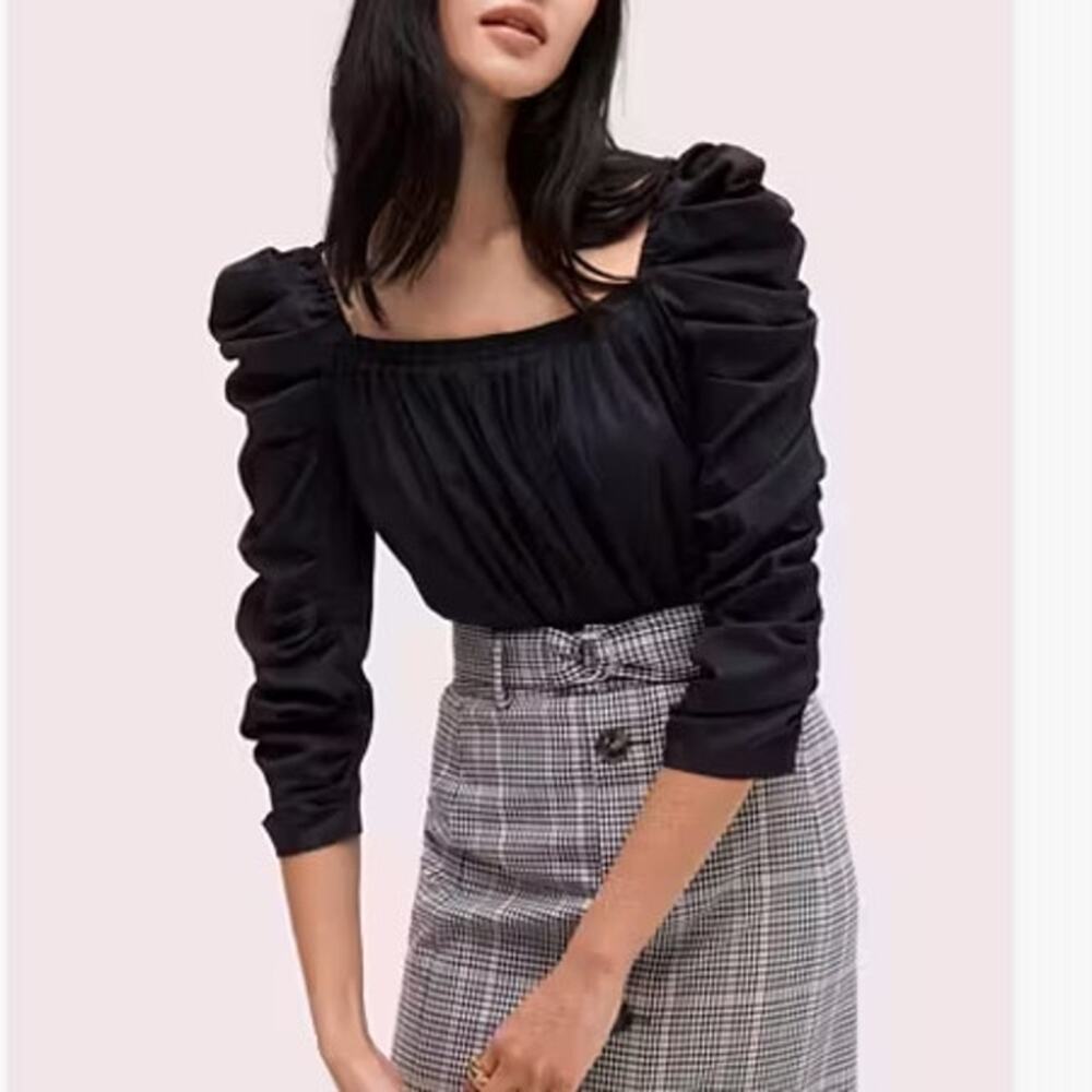 Kate Spade Black Poplin Square Neck Blouse Ruched Sleeve Women's 8